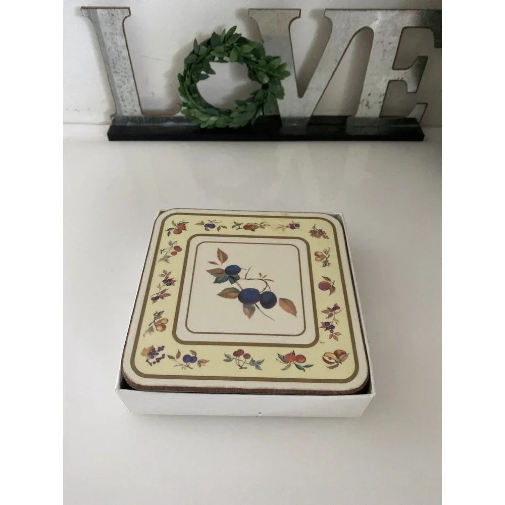 Vintage Royal Worcester Evesham Cork Backed Coasters Set Of 6 In Box 4.25